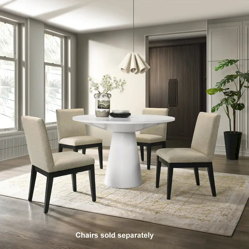 Tavolo da pranzo rotondo con base centrale, impiallacciatura in rovere, MDF e base in legno di gomma, ebano, driftwood e bianco