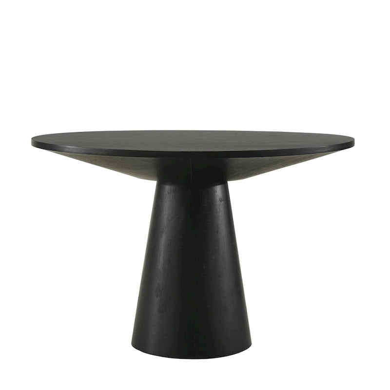 Tavolo da pranzo rotondo con base centrale, impiallacciatura in rovere, MDF e base in legno di gomma, ebano, driftwood e bianco