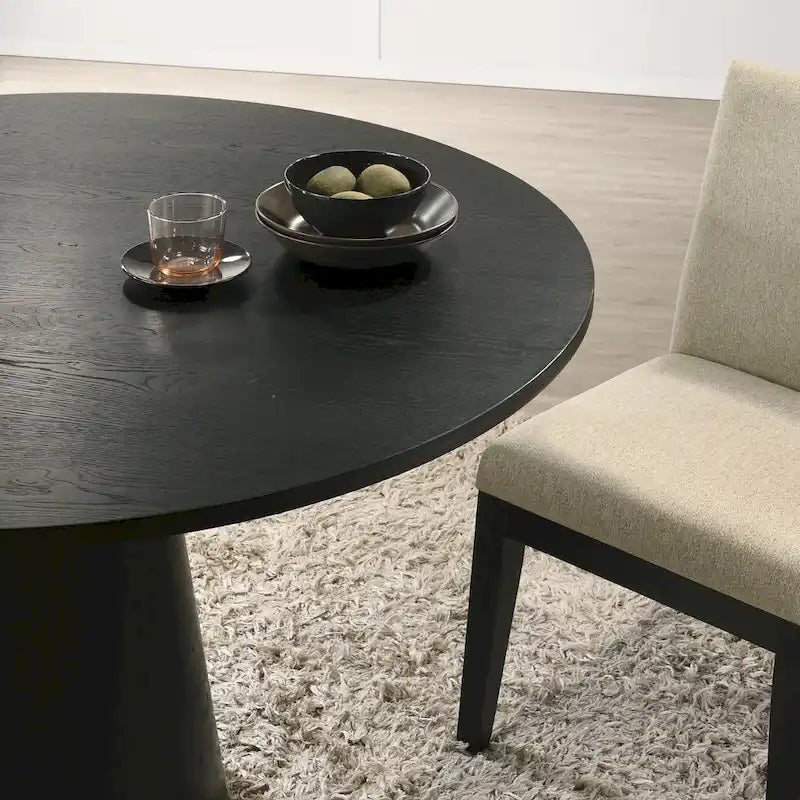 Tavolo da pranzo rotondo con base centrale, impiallacciatura in rovere, MDF e base in legno di gomma, ebano, driftwood e bianco
