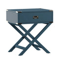 Campaign Style X-Base Accent Side Table Single Drawer Birch Poplar Blue Green Silver