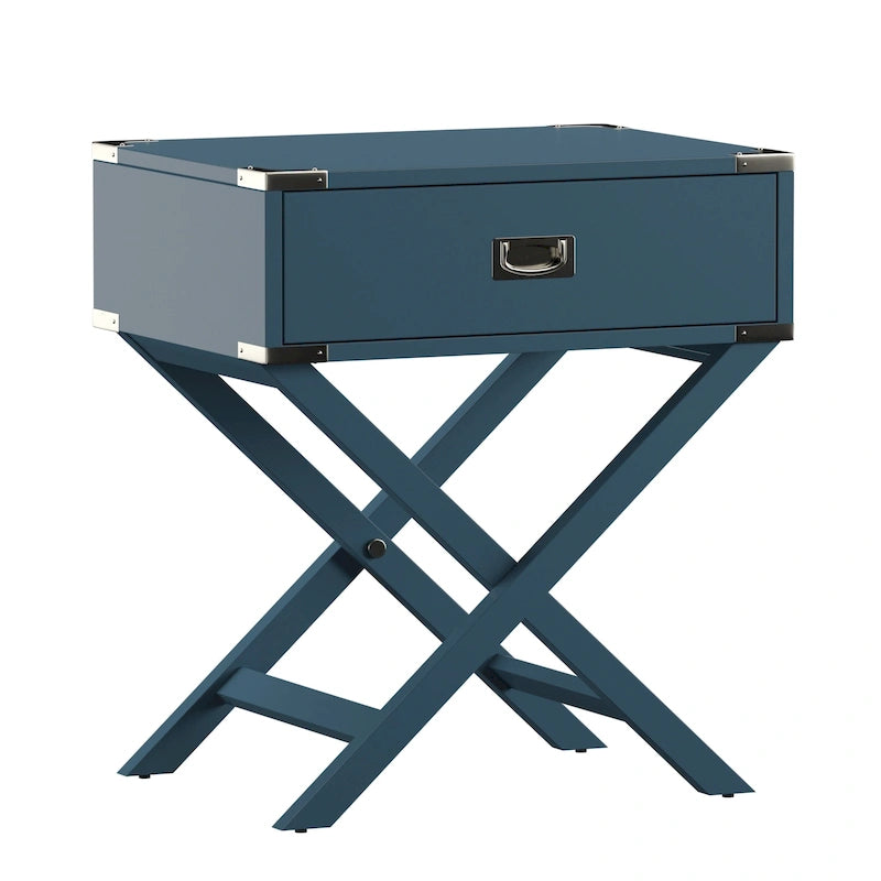 Campaign Style X-Base Accent Side Table Single Drawer Birch Poplar Blue Green Silver