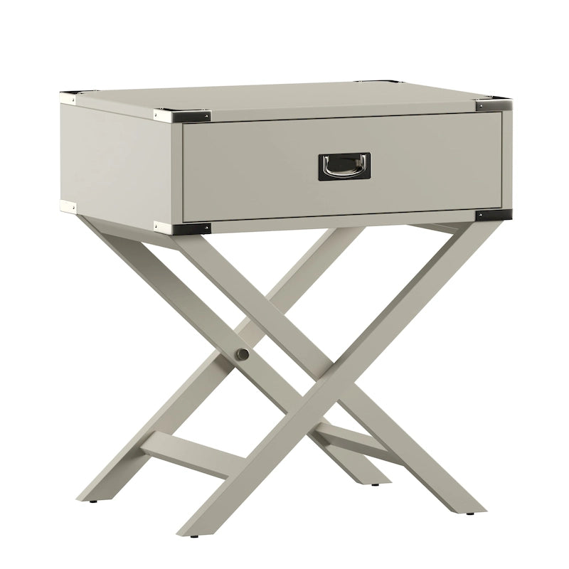 Campaign Style X-Base Accent Side Table Single Drawer Birch Poplar Blue Green Silver
