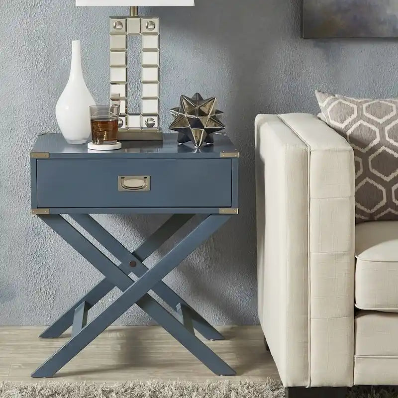 Campaign Style X-Base Accent Side Table Single Drawer Birch Poplar Blue Green Silver