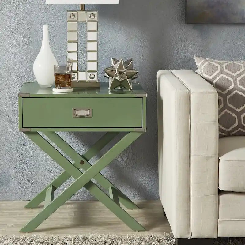 Campaign Style X-Base Accent Side Table Single Drawer Birch Poplar Blue Green Silver