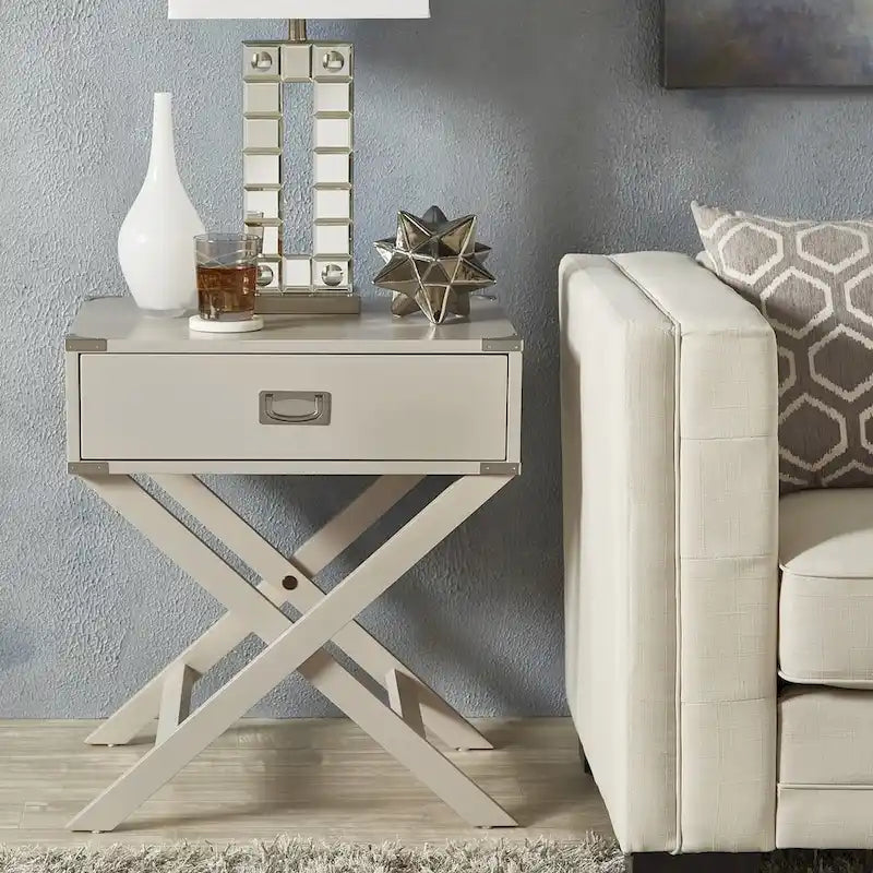 Campaign Style X-Base Accent Side Table Single Drawer Birch Poplar Blue Green Silver