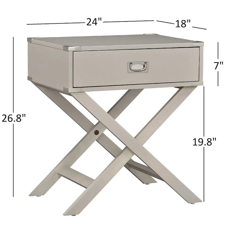Campaign Style X-Base Accent Side Table Single Drawer Birch Poplar Blue Green Silver