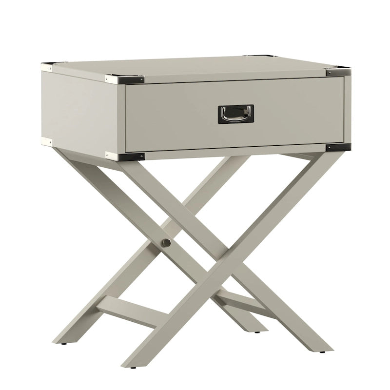 Campaign Style X-Base Accent Side Table Single Drawer Birch Poplar Blue Green Silver