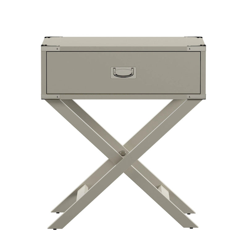 Campaign Style X-Base Accent Side Table Single Drawer Birch Poplar Blue Green Silver