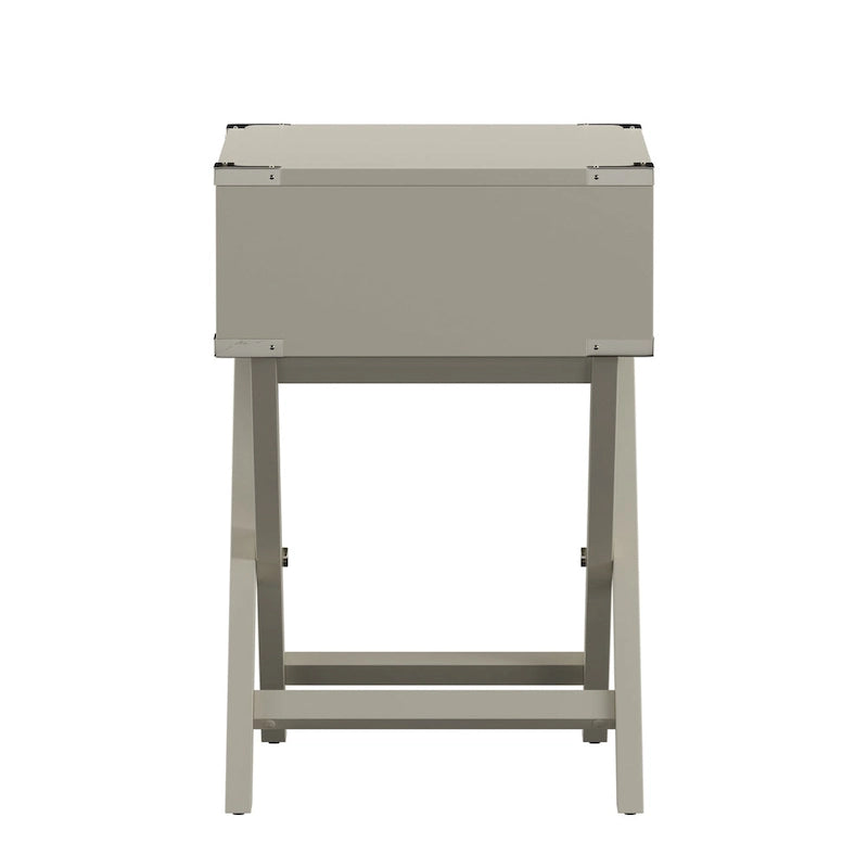 Campaign Style X-Base Accent Side Table Single Drawer Birch Poplar Blue Green Silver