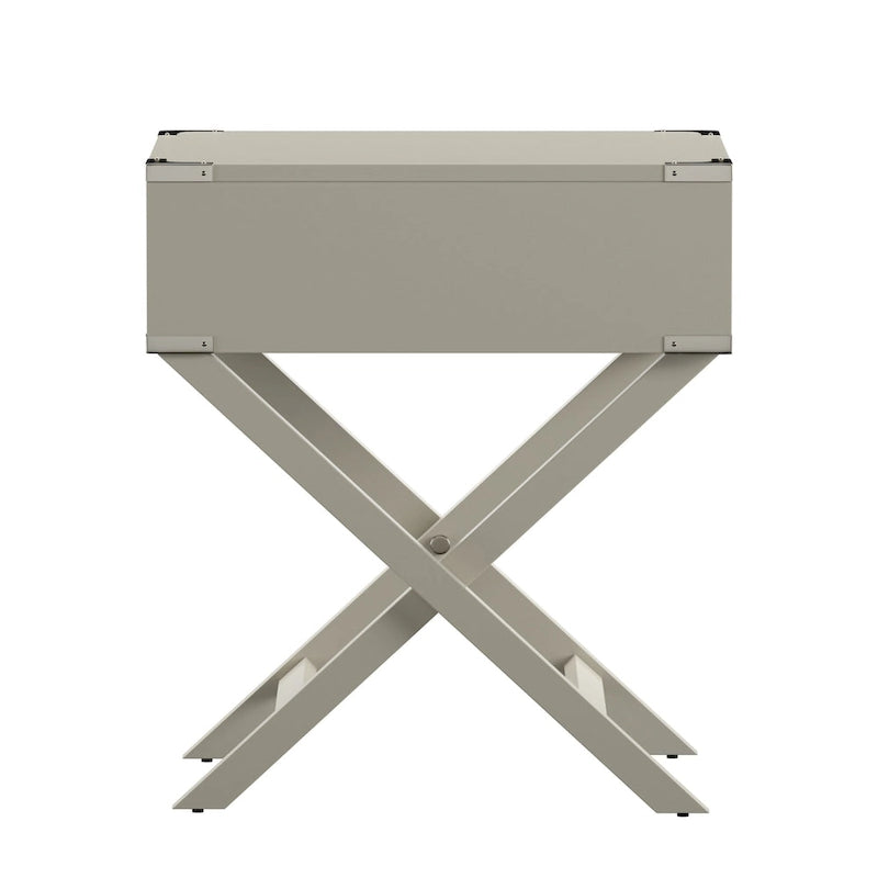 Campaign Style X-Base Accent Side Table Single Drawer Birch Poplar Blue Green Silver