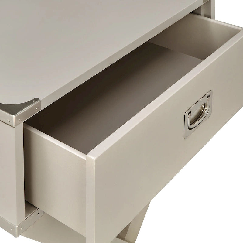 Campaign Style X-Base Accent Side Table Single Drawer Birch Poplar Blue Green Silver