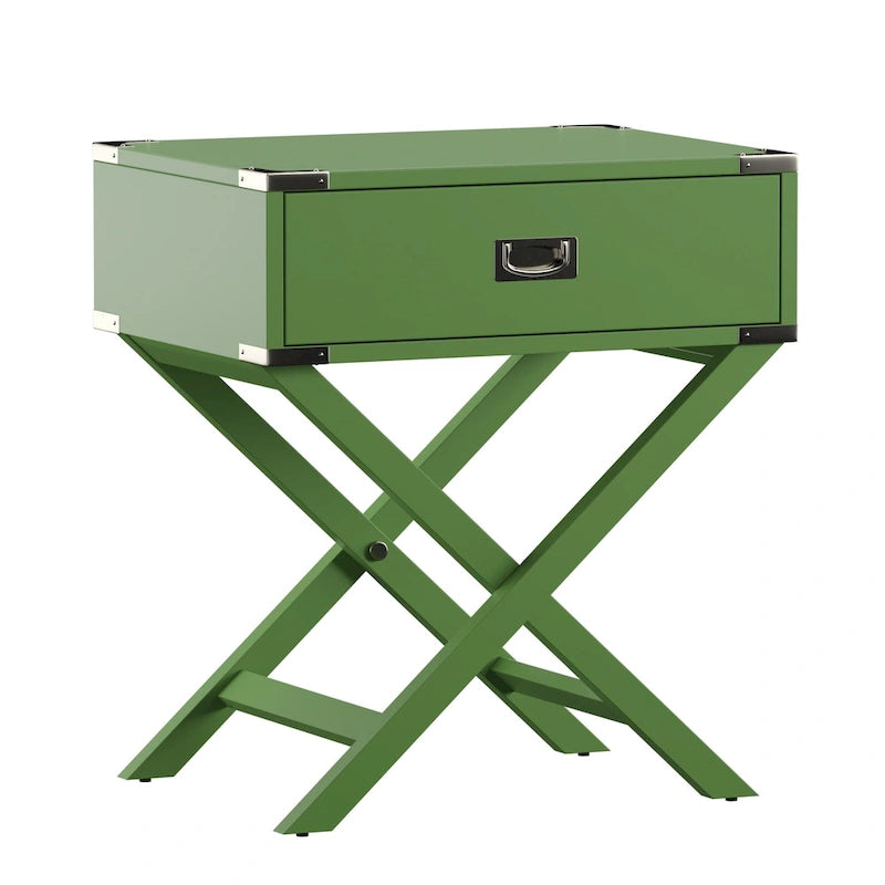 Campaign Style X-Base Accent Side Table Single Drawer Birch Poplar Blue Green Silver