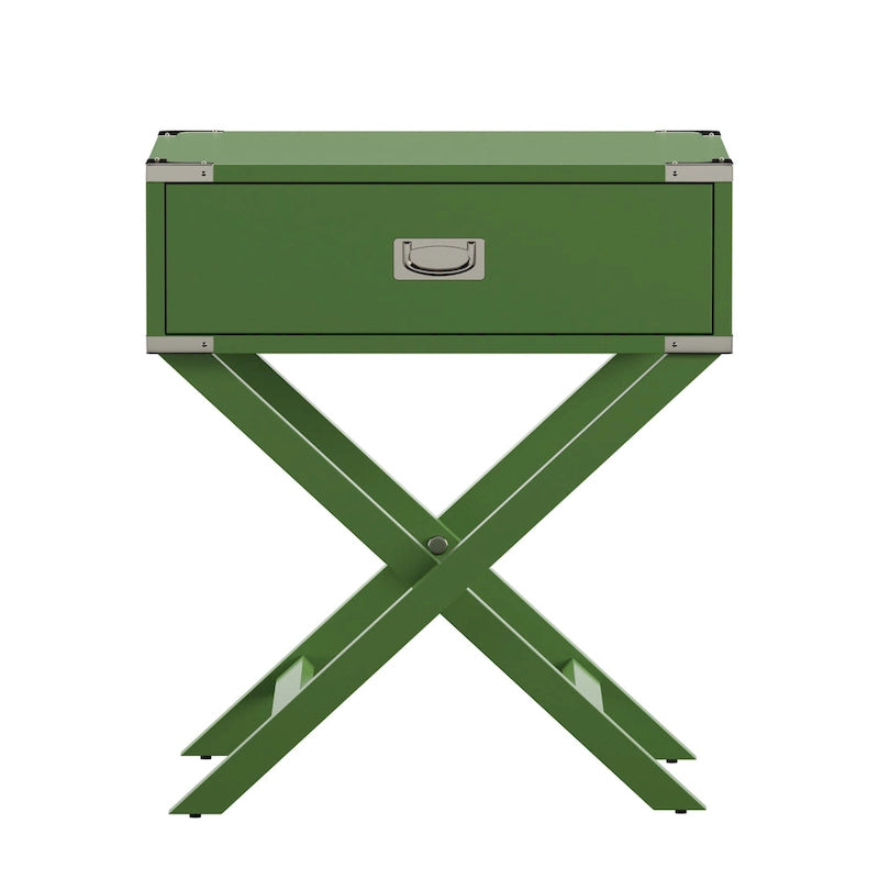 Campaign Style X-Base Accent Side Table Single Drawer Birch Poplar Blue Green Silver