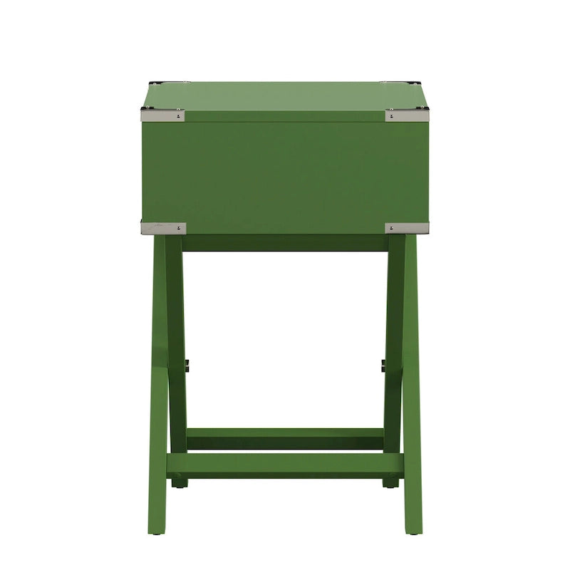 Campaign Style X-Base Accent Side Table Single Drawer Birch Poplar Blue Green Silver