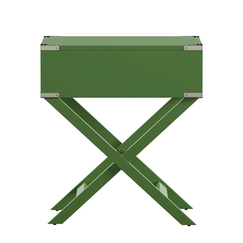 Campaign Style X-Base Accent Side Table Single Drawer Birch Poplar Blue Green Silver