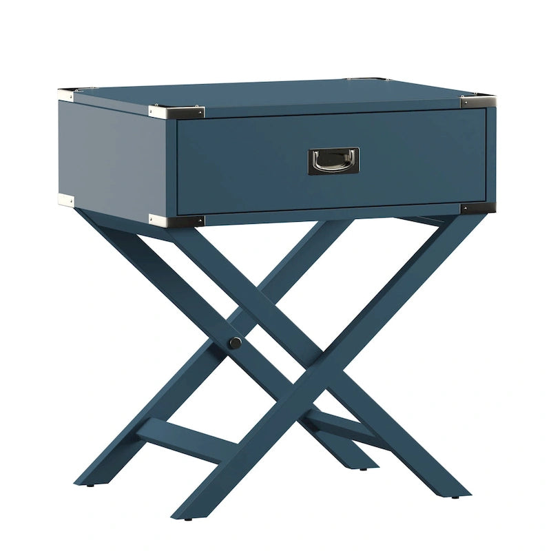 Campaign Style X-Base Accent Side Table Single Drawer Birch Poplar Blue Green Silver