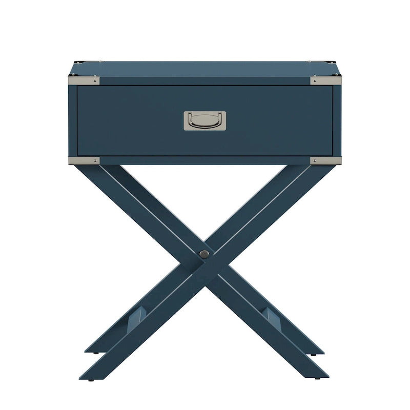 Campaign Style X-Base Accent Side Table Single Drawer Birch Poplar Blue Green Silver