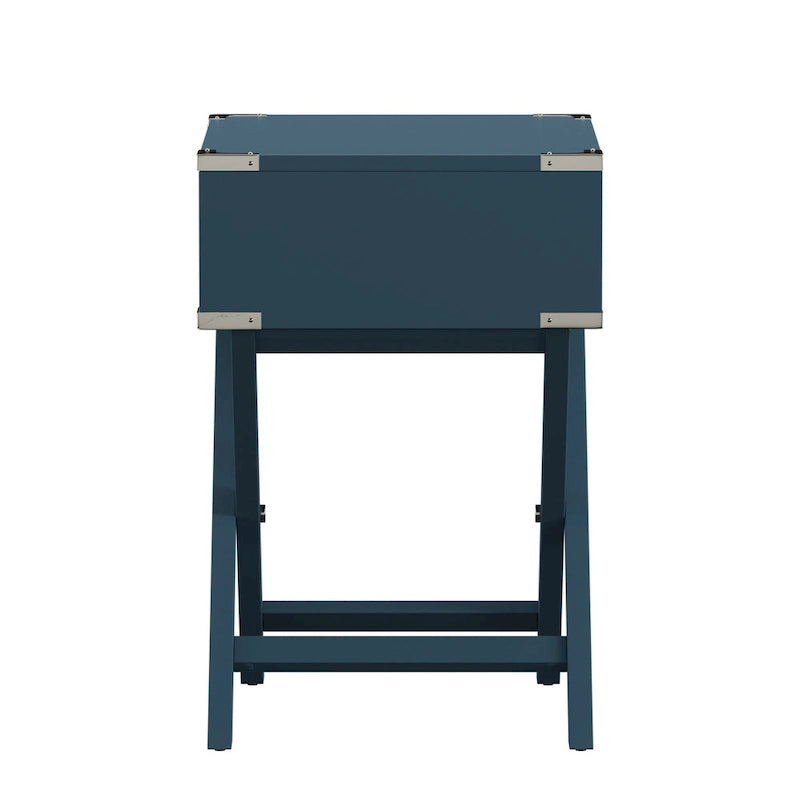 Campaign Style X-Base Accent Side Table Single Drawer Birch Poplar Blue Green Silver