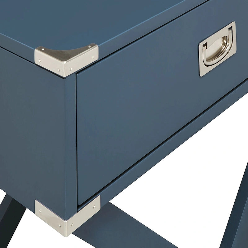 Campaign Style X-Base Accent Side Table Single Drawer Birch Poplar Blue Green Silver