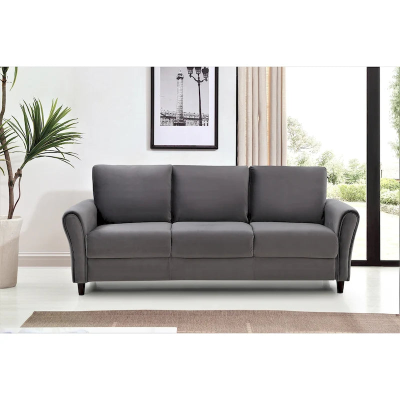 Plush Upholstered 3-Seater Sofa Sloped Arms Medium-Firm Cushion Blue Grey Pink