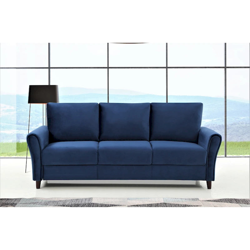 Plush Upholstered 3-Seater Sofa Sloped Arms Medium-Firm Cushion Blue Grey Pink