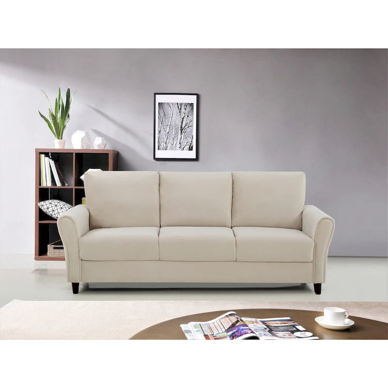 Plush Upholstered 3-Seater Sofa Sloped Arms Medium-Firm Cushion Blue Grey Pink