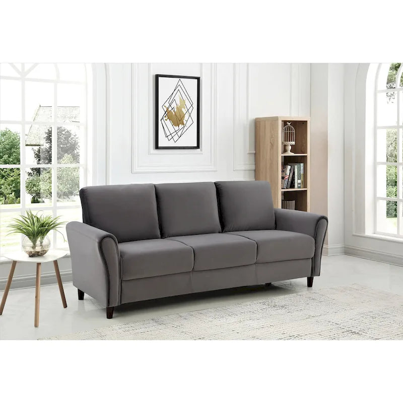 Plush Upholstered 3-Seater Sofa Sloped Arms Medium-Firm Cushion Blue Grey Pink