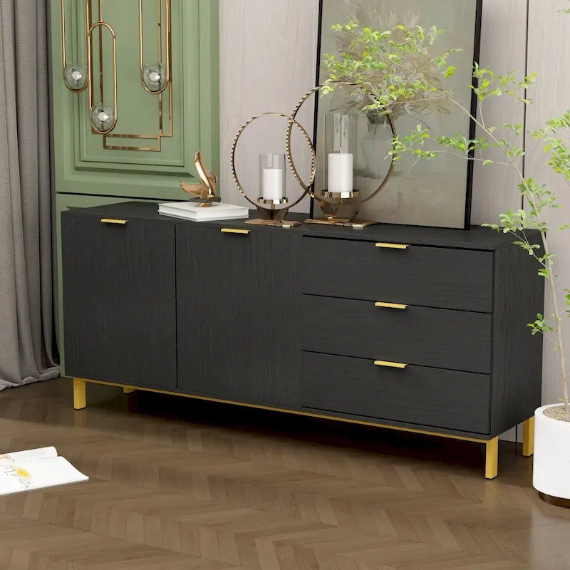 Mid-Century Modern Sideboard Buffet Cabinet 3 Drawers 2 Doors Black White