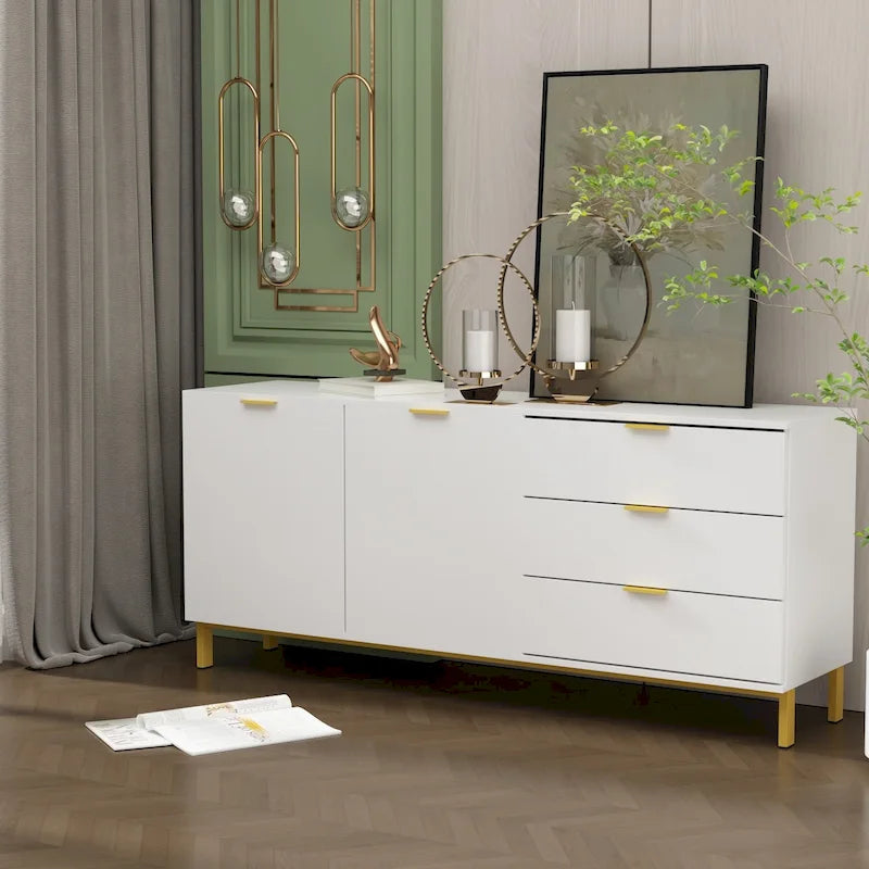 Mid-Century Modern Sideboard Buffet Cabinet 3 Drawers 2 Doors Black White