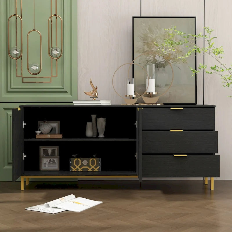 Mid-Century Modern Sideboard Buffet Cabinet 3 Drawers 2 Doors Black White