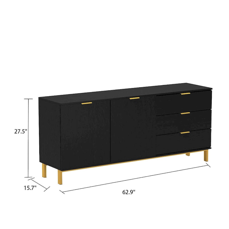 Mid-Century Modern Sideboard Buffet Cabinet 3 Drawers 2 Doors Black White