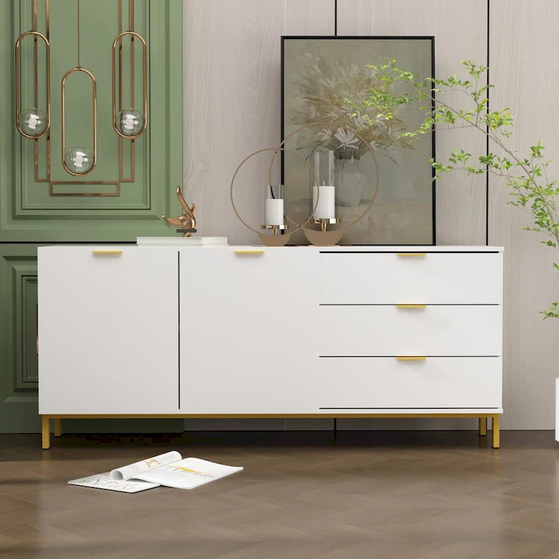Mid-Century Modern Sideboard Buffet Cabinet 3 Drawers 2 Doors Black White