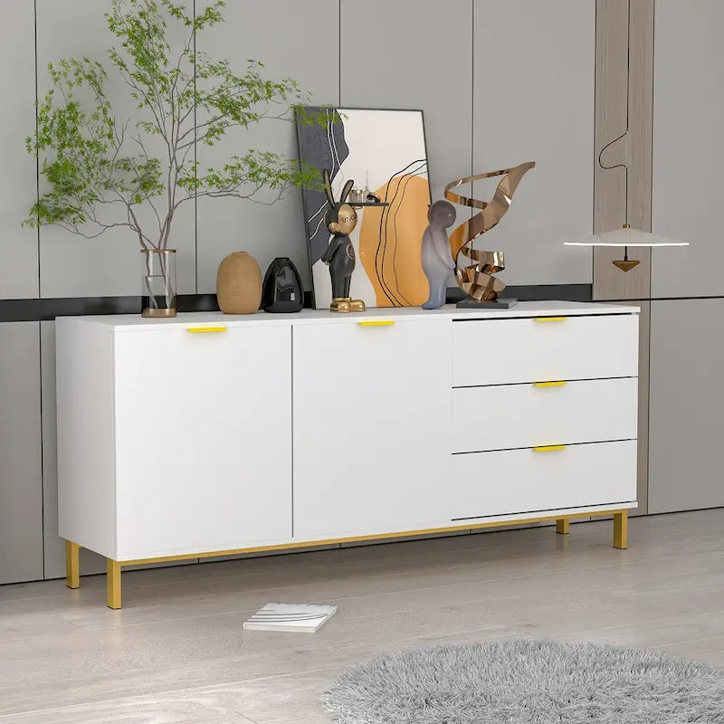 Mid-Century Modern Sideboard Buffet Cabinet 3 Drawers 2 Doors Black White