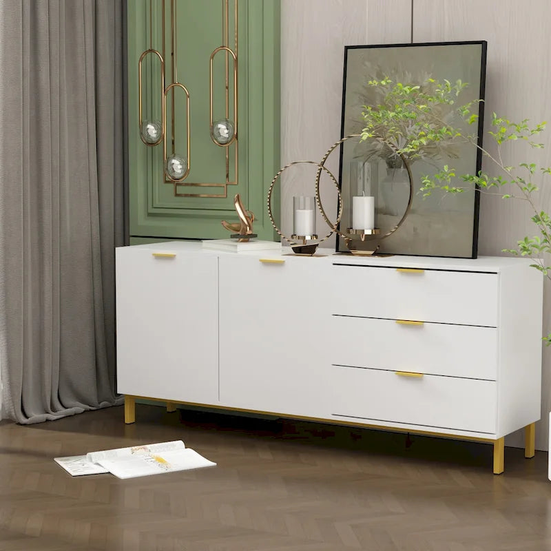 Mid-Century Modern Sideboard Buffet Cabinet 3 Drawers 2 Doors Black White