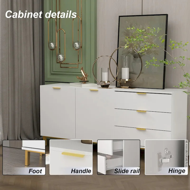 Mid-Century Modern Sideboard Buffet Cabinet 3 Drawers 2 Doors Black White