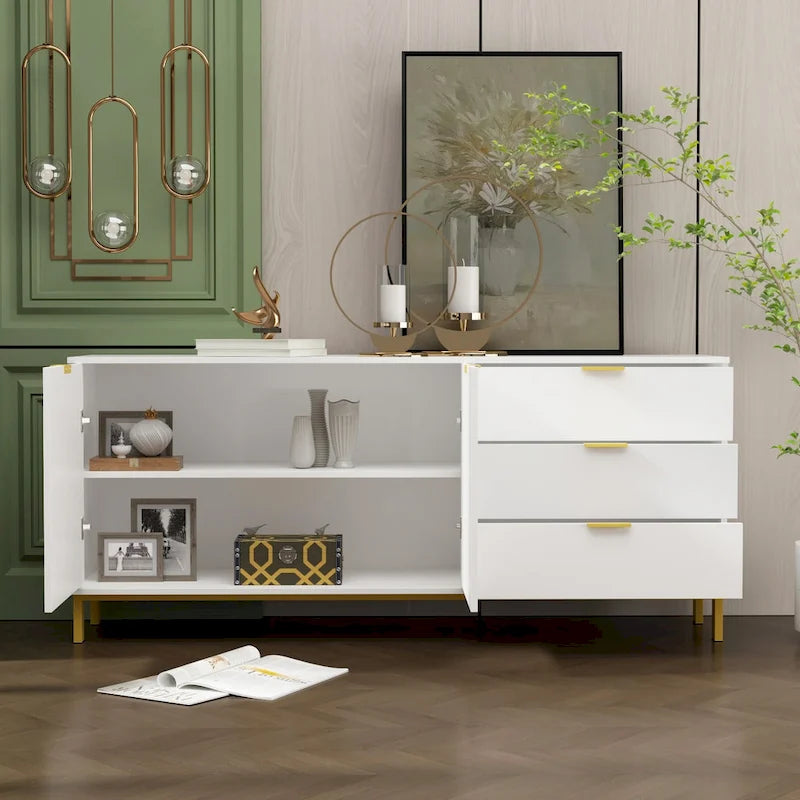 Mid-Century Modern Sideboard Buffet Cabinet 3 Drawers 2 Doors Black White