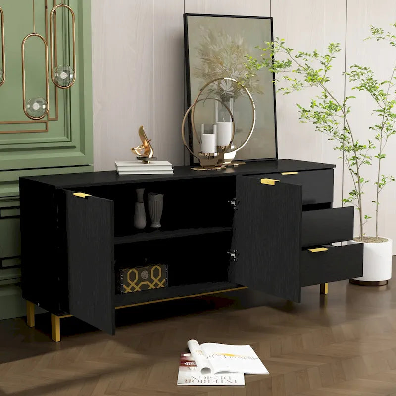 Mid-Century Modern Sideboard Buffet Cabinet 3 Drawers 2 Doors Black White
