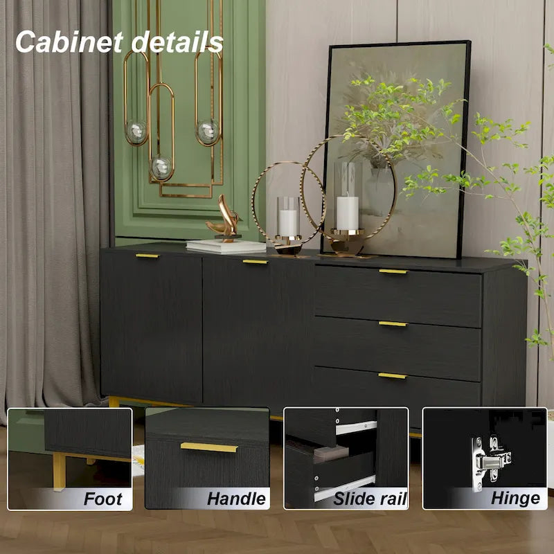 Mid-Century Modern Sideboard Buffet Cabinet 3 Drawers 2 Doors Black White