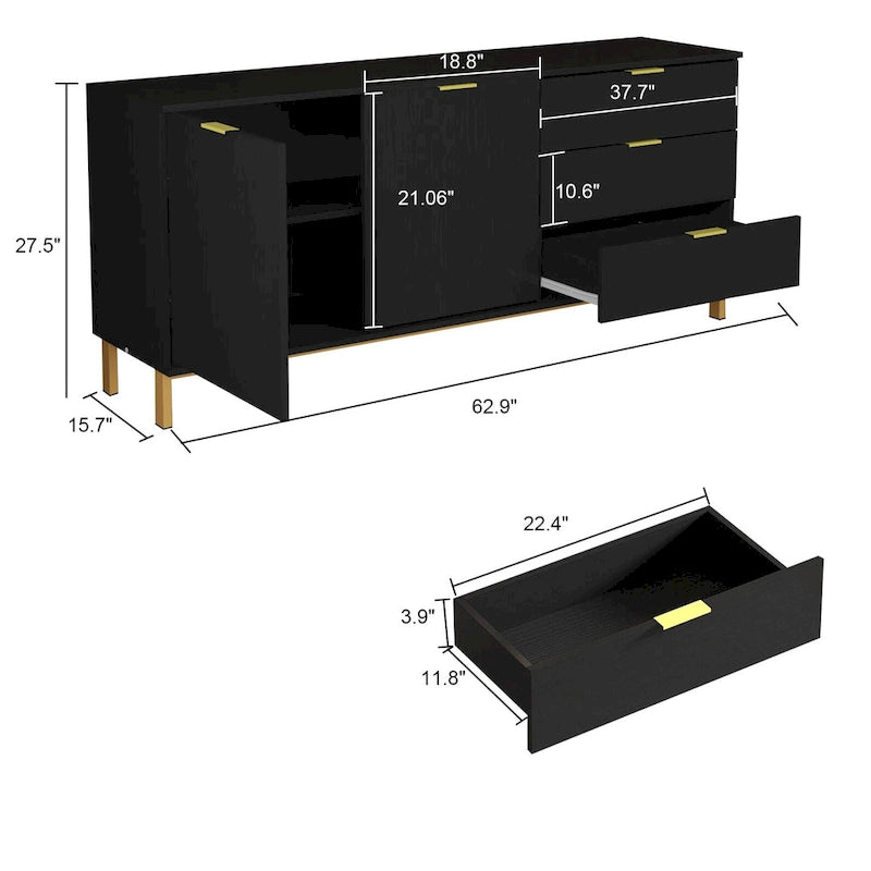 Mid-Century Modern Sideboard Buffet Cabinet 3 Drawers 2 Doors Black White