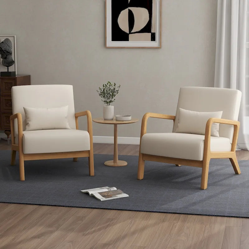 Mid-Century Modern Upholstered Lounge Armchair Rubber Wood Frame Linen Beige Grey
