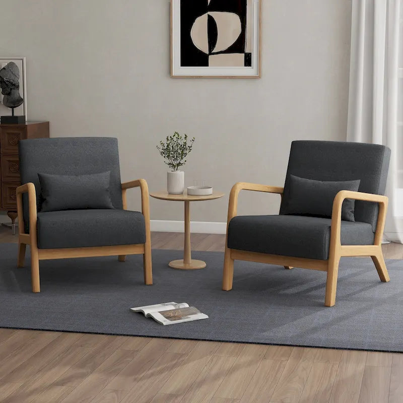 Mid-Century Modern Upholstered Lounge Armchair Rubber Wood Frame Linen Beige Grey