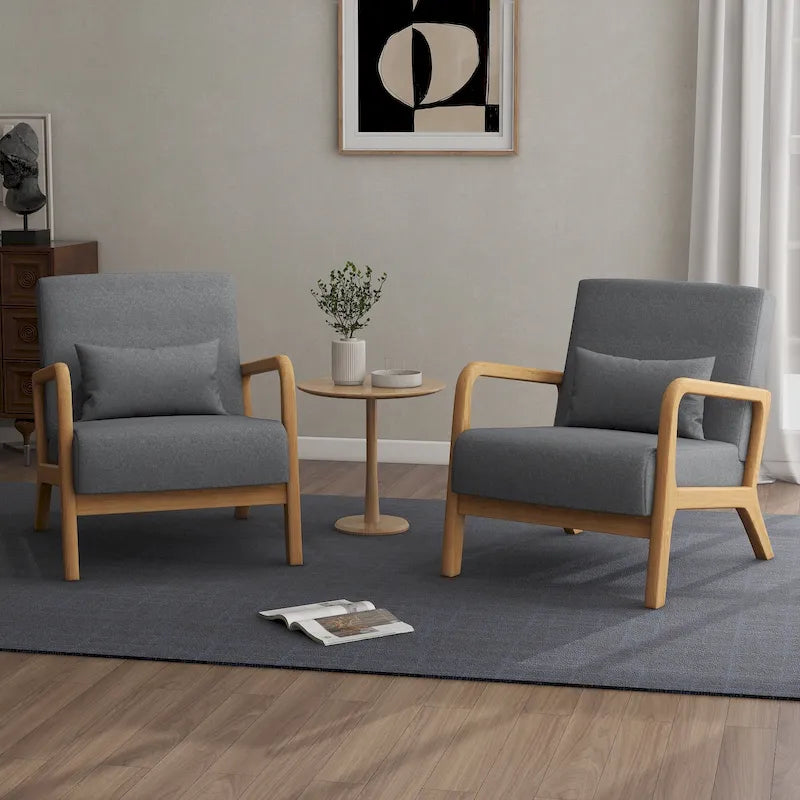 Mid-Century Modern Upholstered Lounge Armchair Rubber Wood Frame Linen Beige Grey