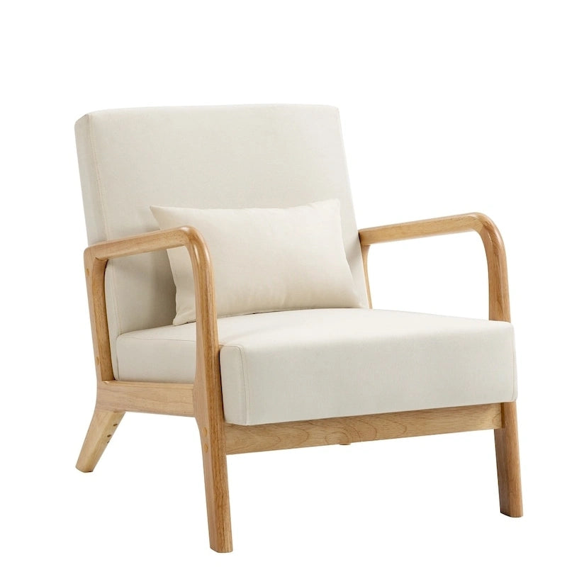 Mid-Century Modern Upholstered Lounge Armchair Rubber Wood Frame Linen Beige Grey