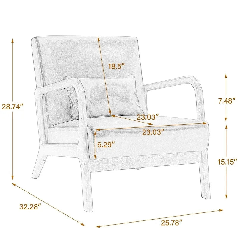 Mid-Century Modern Upholstered Lounge Armchair Rubber Wood Frame Linen Beige Grey