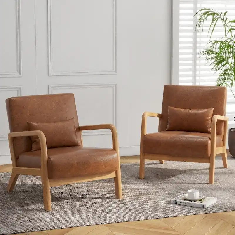 Mid-Century Modern Upholstered Lounge Armchair Rubber Wood Frame Linen Beige Grey
