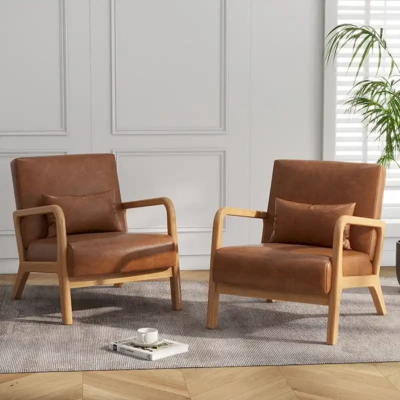 Mid-Century Modern Upholstered Lounge Armchair Rubber Wood Frame Linen Beige Grey