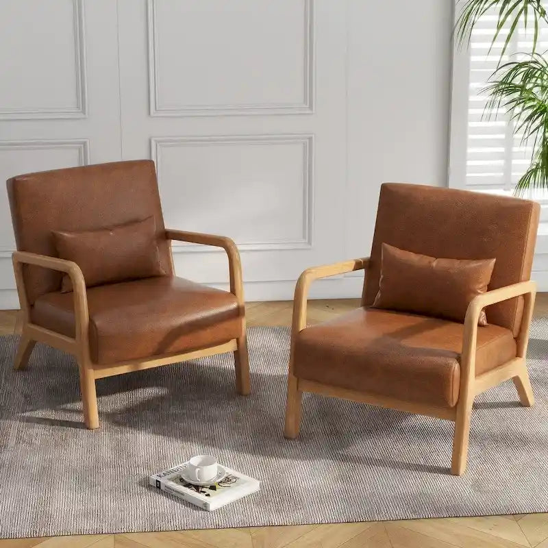 Mid-Century Modern Upholstered Lounge Armchair Rubber Wood Frame Linen Beige Grey