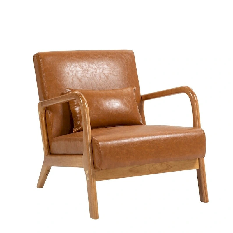Mid-Century Modern Upholstered Lounge Armchair Rubber Wood Frame Linen Beige Grey