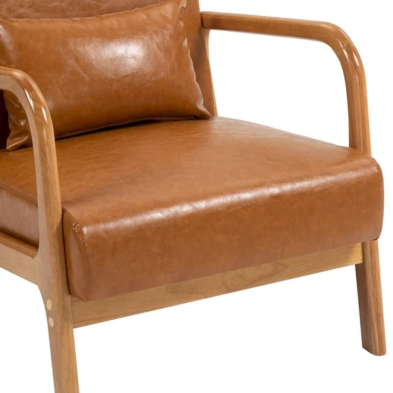 Mid-Century Modern Upholstered Lounge Armchair Rubber Wood Frame Linen Beige Grey