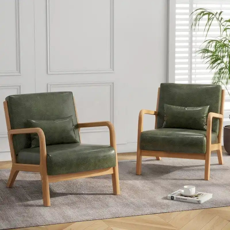 Mid-Century Modern Upholstered Lounge Armchair Rubber Wood Frame Linen Beige Grey